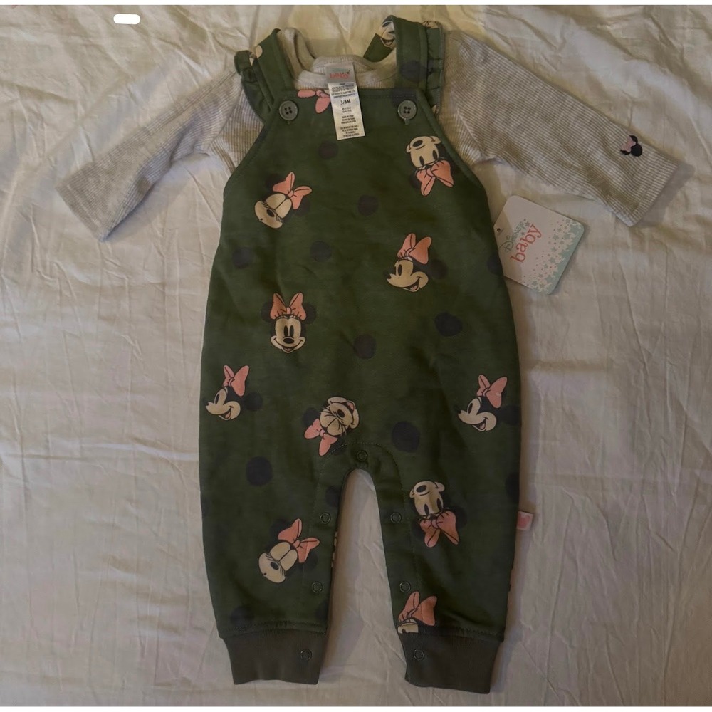NEW Disney Baby 3/6 months Sage Green Minnie Mouse Coverall Outfit 2 piece‎ set!
